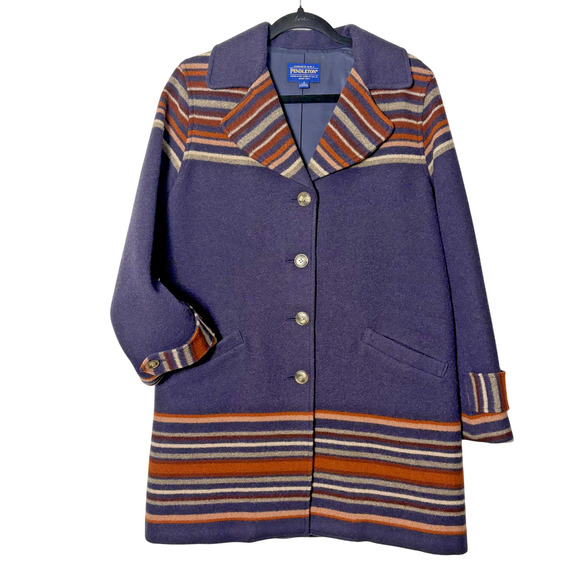 Pendleton Arroyo Coat Womens Small Navy Wool Blanket Stripe Southwestern Aztec - Picture 1 of 10